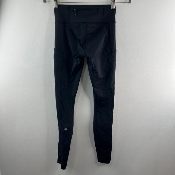 Lululemon Black Leggings Stretch Mid-Rise Ruched Ankle Pocket Pull-On Size 4 - Picture 4 of 6